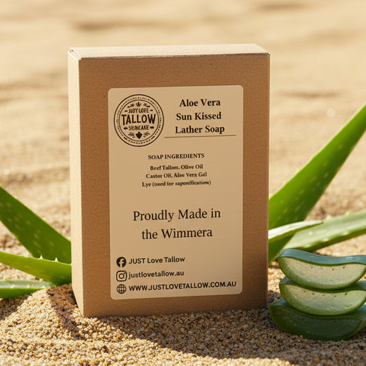Brown soap packaging with 'Aloe Vera Sun Kissed Lather Soap' label on a gray background