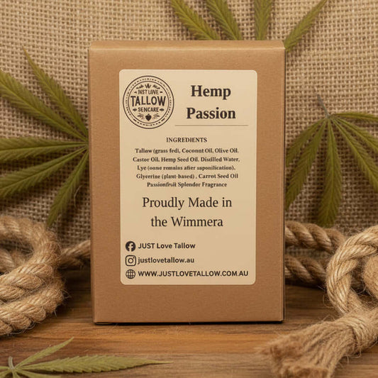 Brown cardboard box with 'Hemp Passion' branding and product details on a gray background