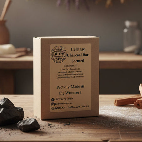 Box of Heritage Charcoal Bar Scented with branding and product details on a gray background