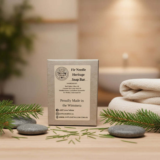 Fir Needle Heritage Soap Bar packaging with branding and product details on a neutral background