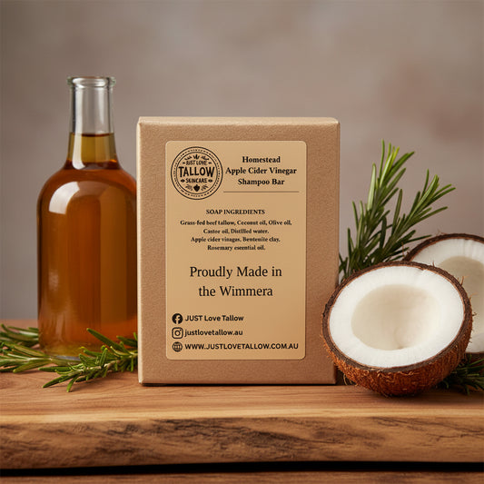 Box of Homestead Apple Cider Vinegar Shampoo Bar with branding and product details.