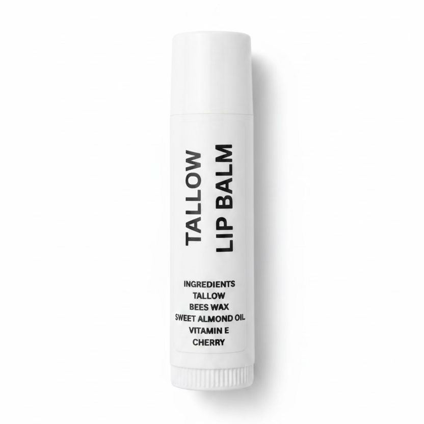 A white tube of Tallow Lip Balm with black text, standing upright on a white surface.