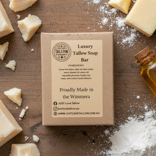 Box of Luxury Tallow Soap Bar with branding and product details on a gray background
