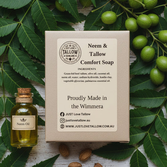 Box of Neem & Tallow Comfort Soap with branding and product details on a gray background
