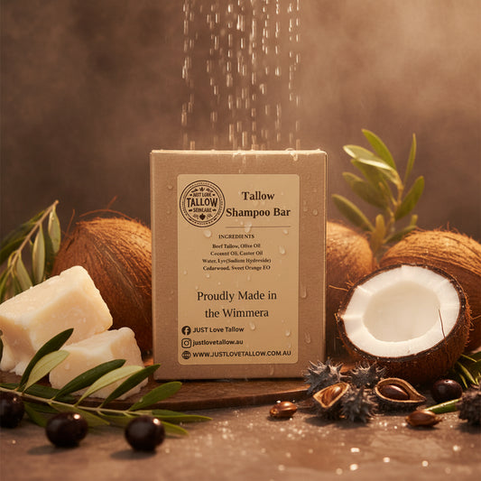 Tallow shampoo bar packaging with branding and product details on a gray background