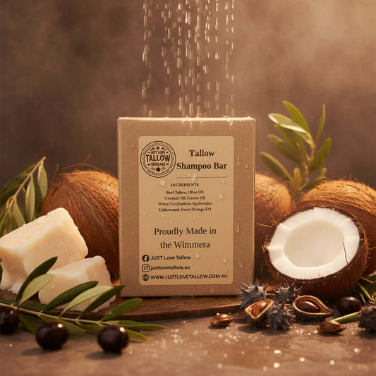 Tallow shampoo bar packaging with branding and product details on a gray background
