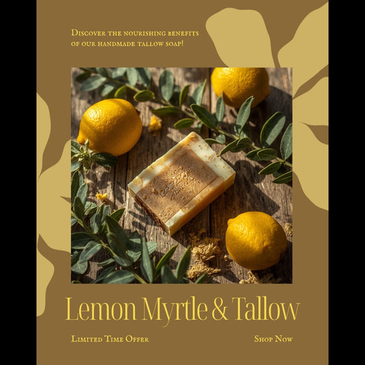 A handmade tallow soap bar with fresh lemon myrtle leaves on a rustic wooden surface — Just Love Tallow
