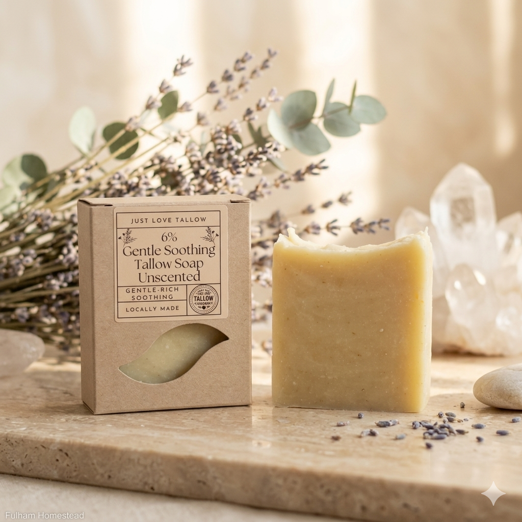 Gentle Soothing Tallow Soap Bar, unscented, handmade in small batches at Fulham Homestead in Victoria
