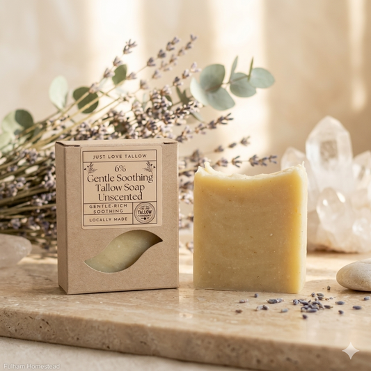 Gentle Soothing Tallow Soap Bar, unscented, handmade in small batches at Fulham Homestead in Victoria