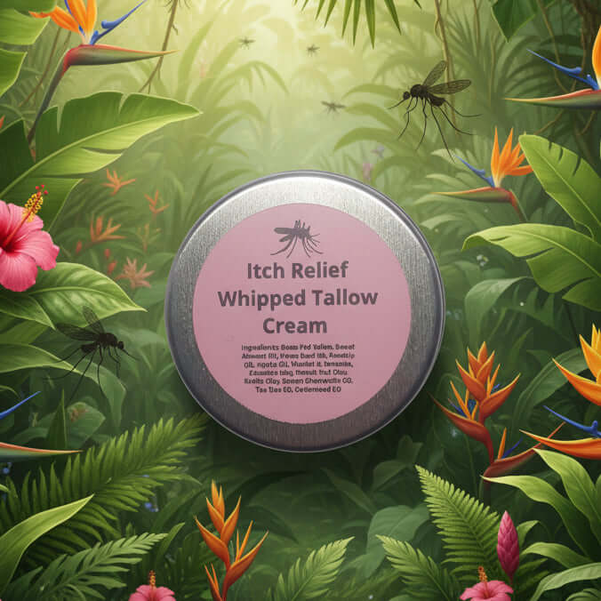 Itch Relief Whipped Tallow Cream from Just Love Tallow, a small tin of whipped grass-fed tallow cream for itchy skin