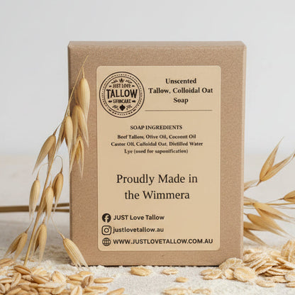 Unscented Tallow, Colloidal Oat Soap packaging with branding and product details on a gray background