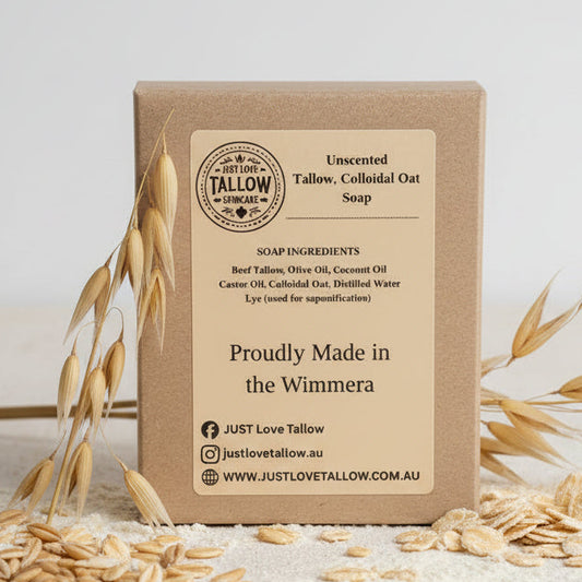 Unscented Tallow, Colloidal Oat Soap packaging with branding and product details on a gray background