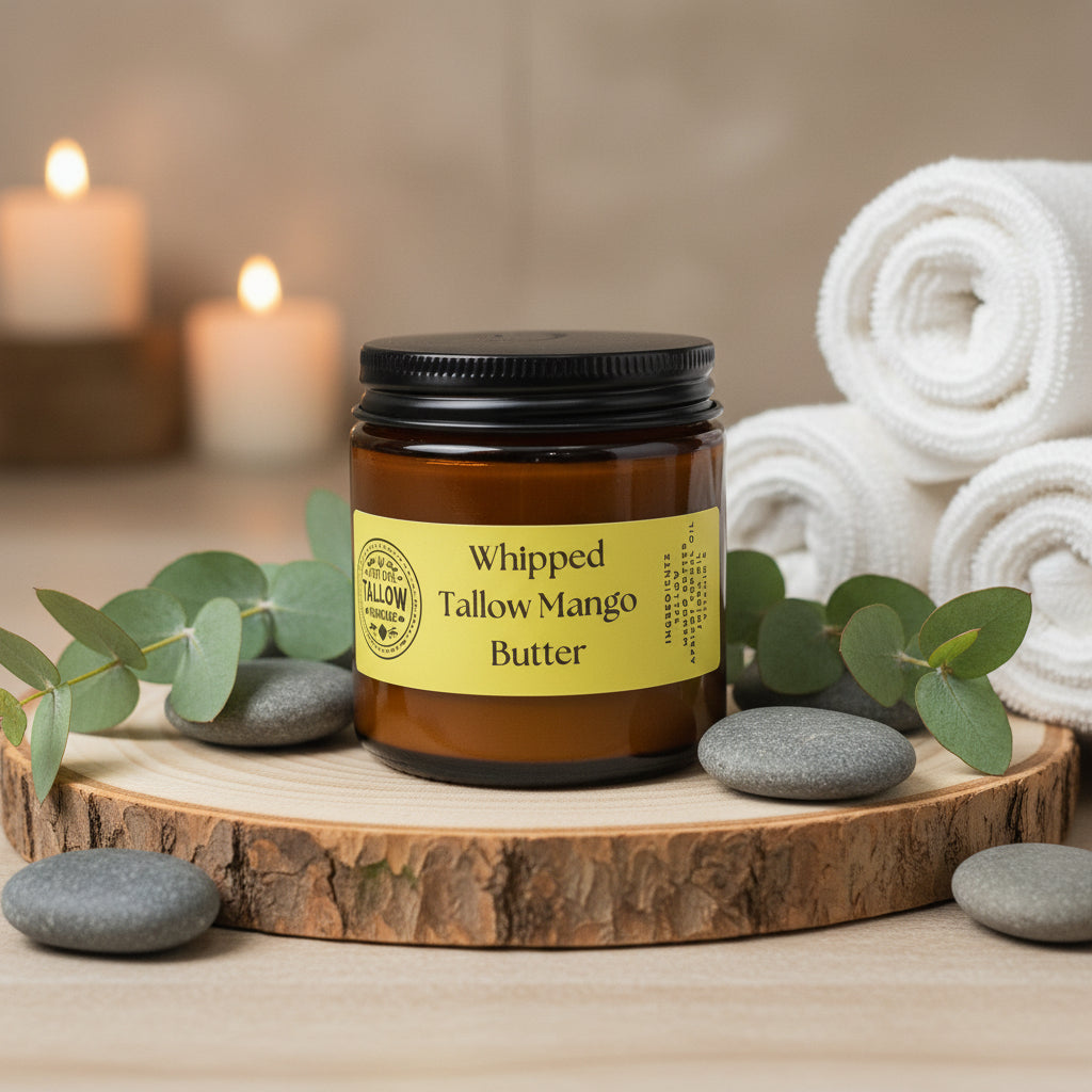 Jar of whipped tallow mango butter with a black lid on a white background
