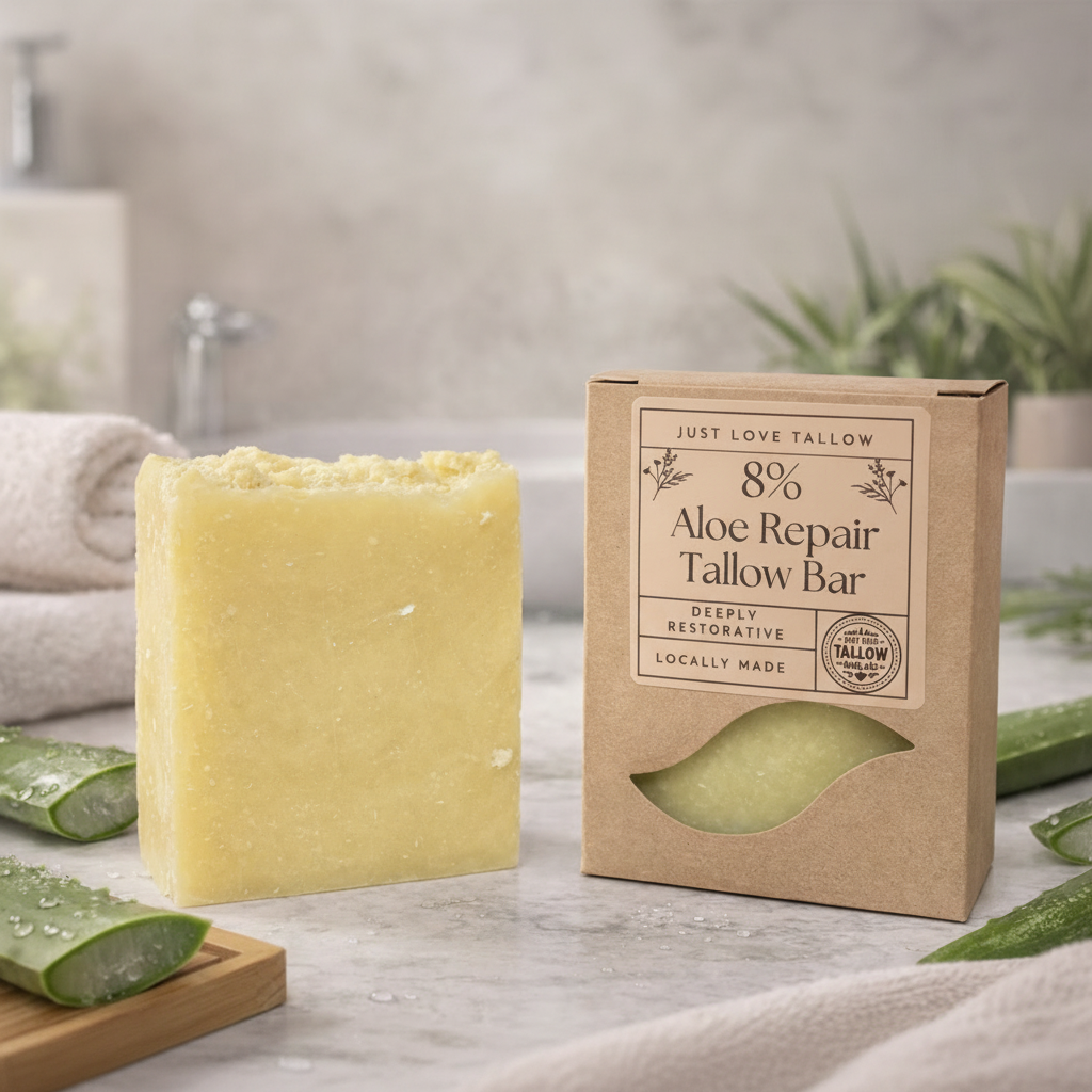 Aloe repair tallow bar soap with packaging on a neutral background