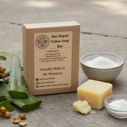Box of Aloe Repair Tallow Soap Bar with branding and product details on a gray background