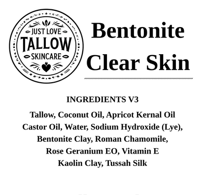 A text-based product information card for Just Love Tallow Skincare, featuring the brand logo, the product name 'Bentonite Clear Skin,' a list of ingredients, and social media and website details on a white background.