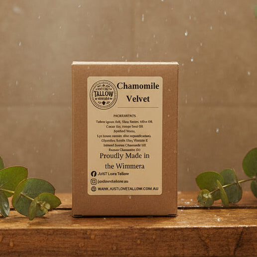 Chamomile Velvet skincare product packaging with label on a gray background