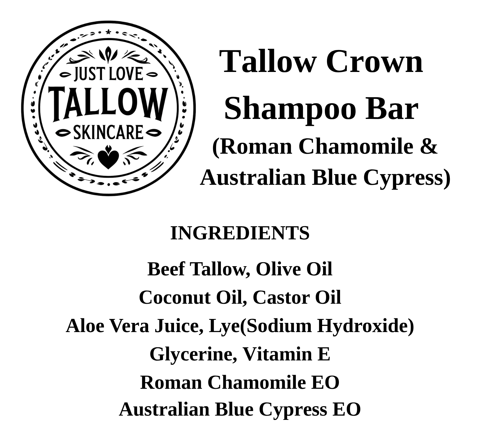 A text-based product card for Tallow Crown Shampoo Bar by Just Love Tallow Skincare, listing ingredients and stating it is proudly made in the Wimmera.