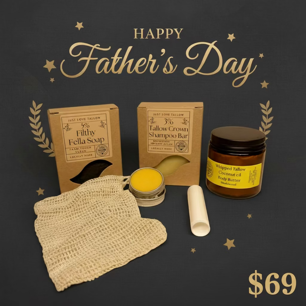 A set of natural hair care products from Just Love Feller, including Filthy Fella Soap, Tallow Crown Shampoo Bar, Whipped Tallow Coconut Oil Body Butter, a mesh bag, a small tin of yellow balm, and a white tube, arranged on a white background.