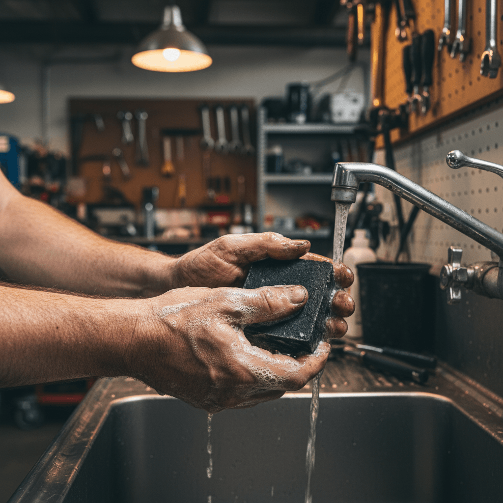 Filthy Fella Scrub Bar in mechanics workshop - plain soap