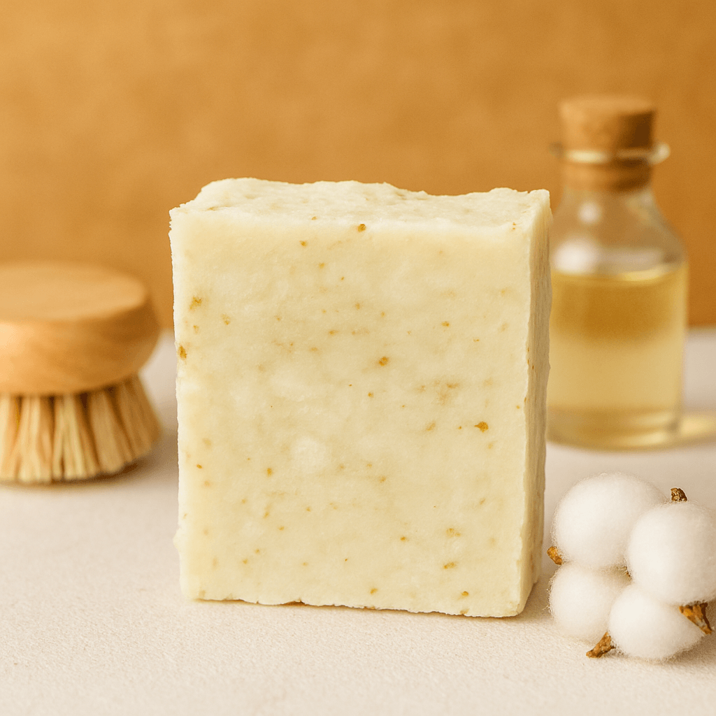 Bar of soap with a brush, bottle, and cotton on a beige background