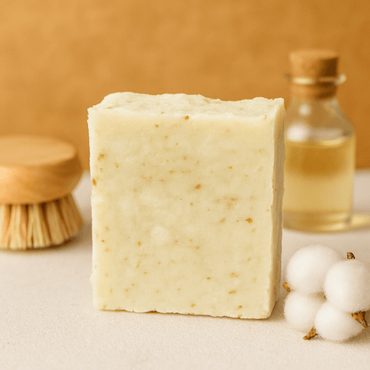 Bar of soap with a brush, bottle, and cotton on a beige background