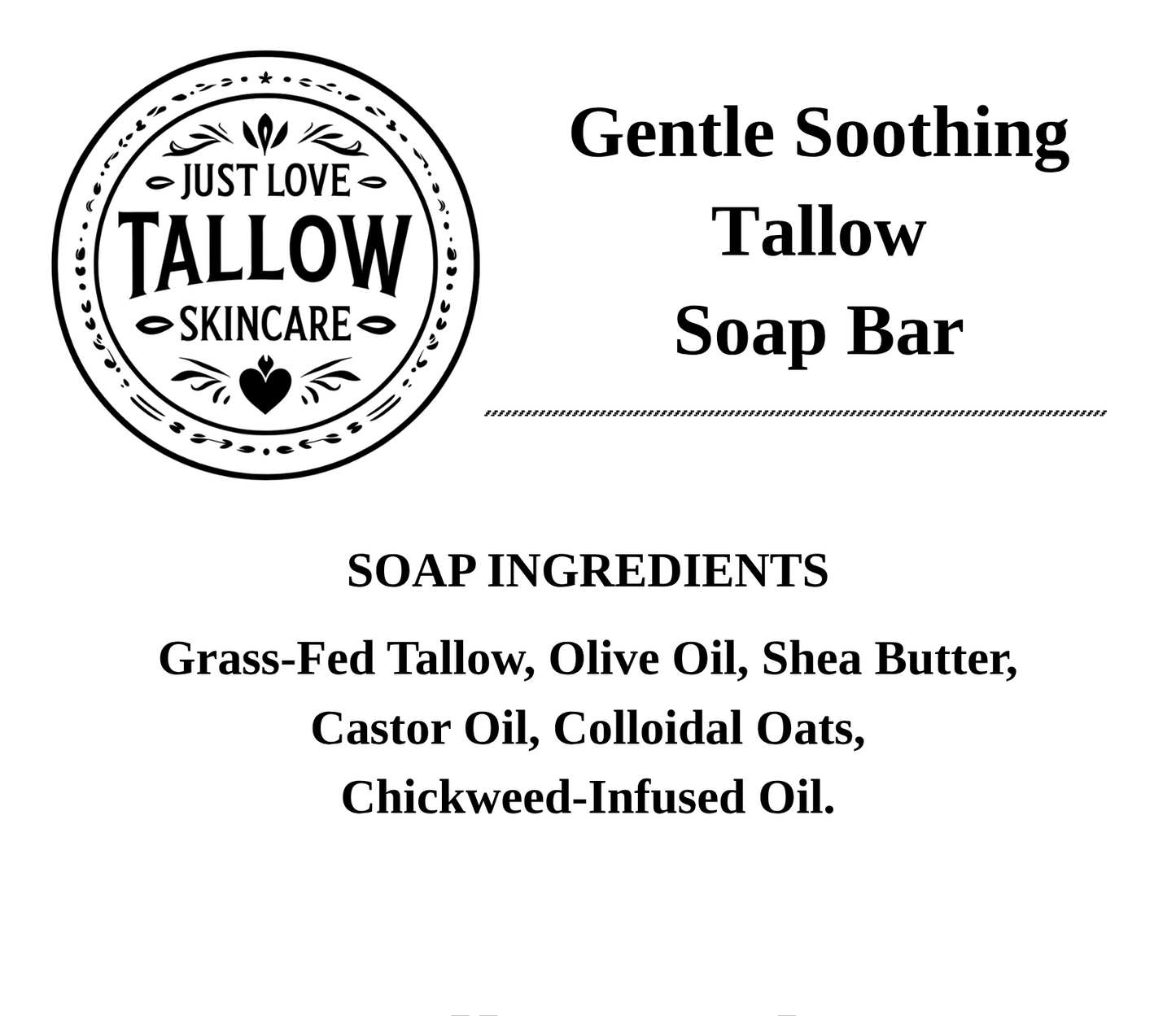 A black and white digital graphic card for a 'Gentle Soothing Tallow Soap Bar' by Just Love Tallow Skincare, detailing the soap ingredients and highlighting its production location in the Wimmera.