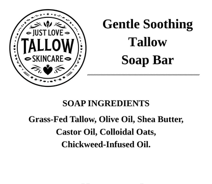 A black and white digital graphic card for a 'Gentle Soothing Tallow Soap Bar' by Just Love Tallow Skincare, detailing the soap ingredients and highlighting its production location in the Wimmera.