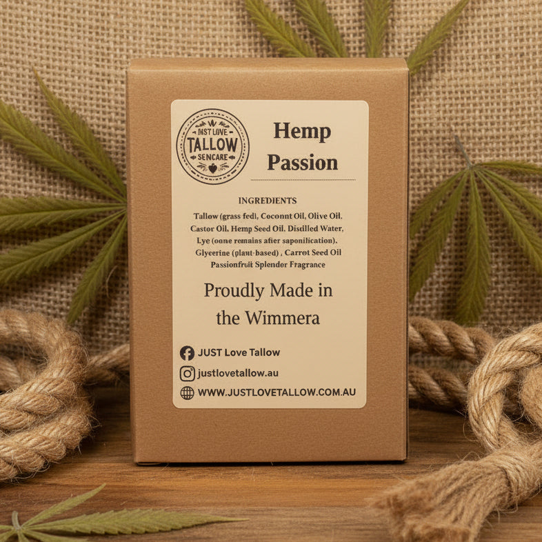 Brown cardboard box with 'Hemp Passion' branding and product details on a gray background