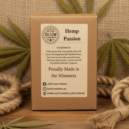 Brown cardboard box with 'Hemp Passion' branding and product details on a gray background