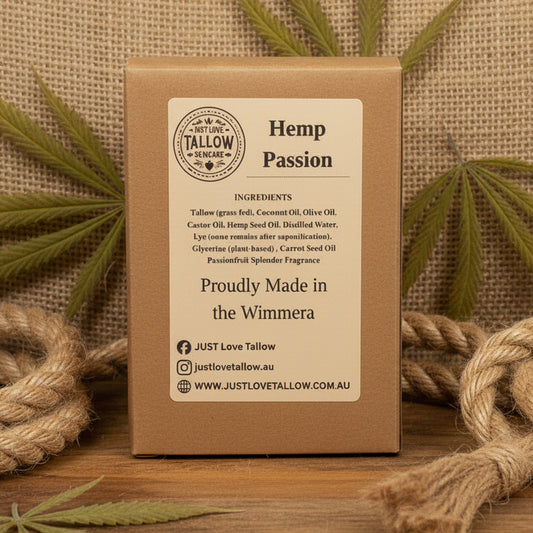 Brown cardboard box with 'Hemp Passion' branding and product details on a gray background