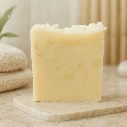 Bar of soap on a marble slab with a soft focus background
