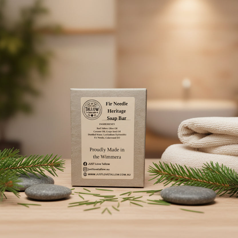 Fir Needle Heritage Soap Bar packaging with branding and product details on a neutral background