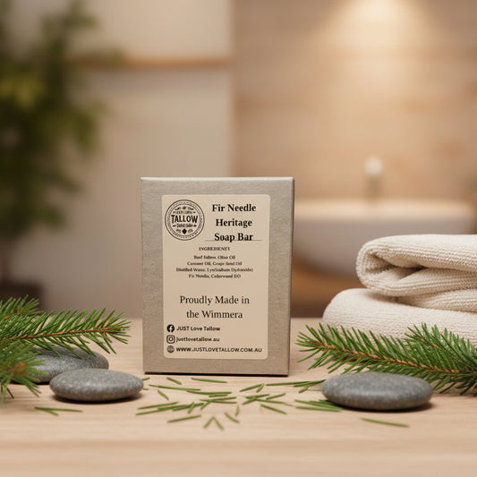Fir Needle Heritage Soap Bar packaging with branding and product details on a neutral background