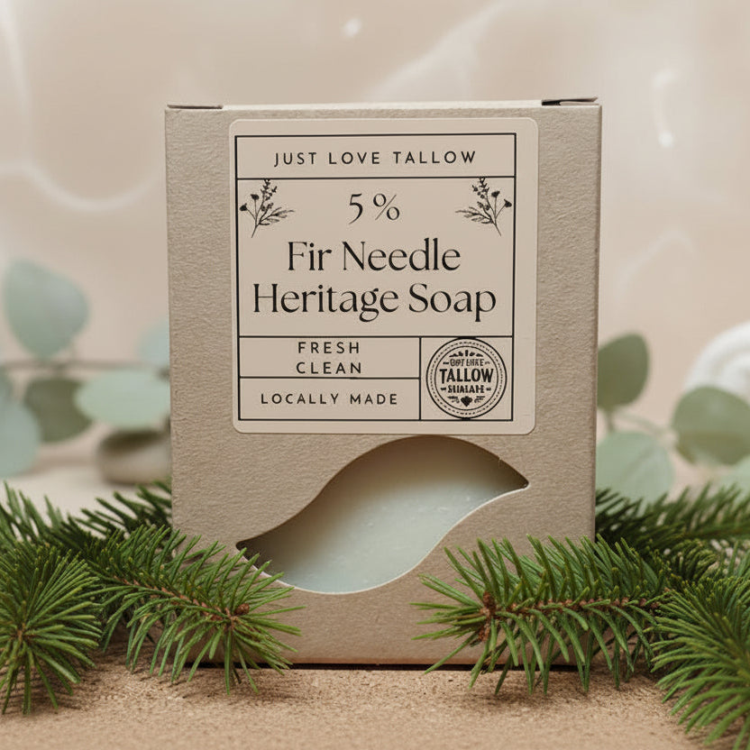 Fir Needle Heritage Soap in a cardboard box with branding on a neutral background