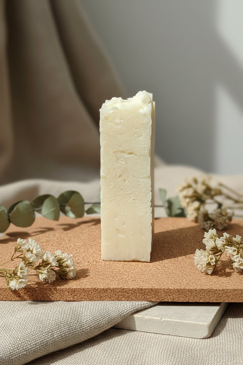 Block of white cheese on a cork surface with a neutral background