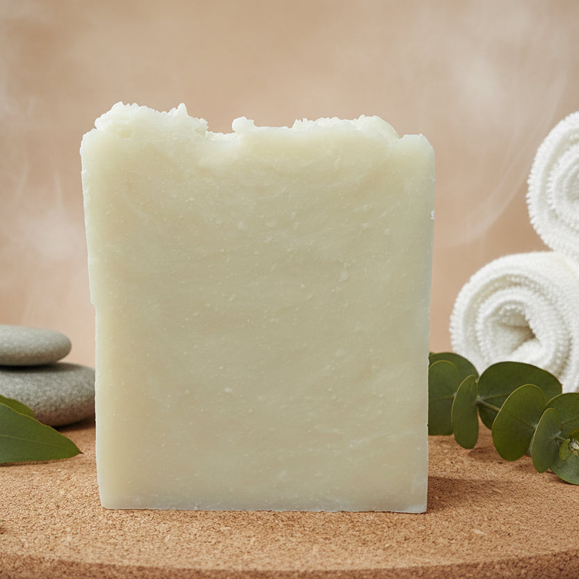 Rectangular block of light-colored soap on a cork surface with a neutral background