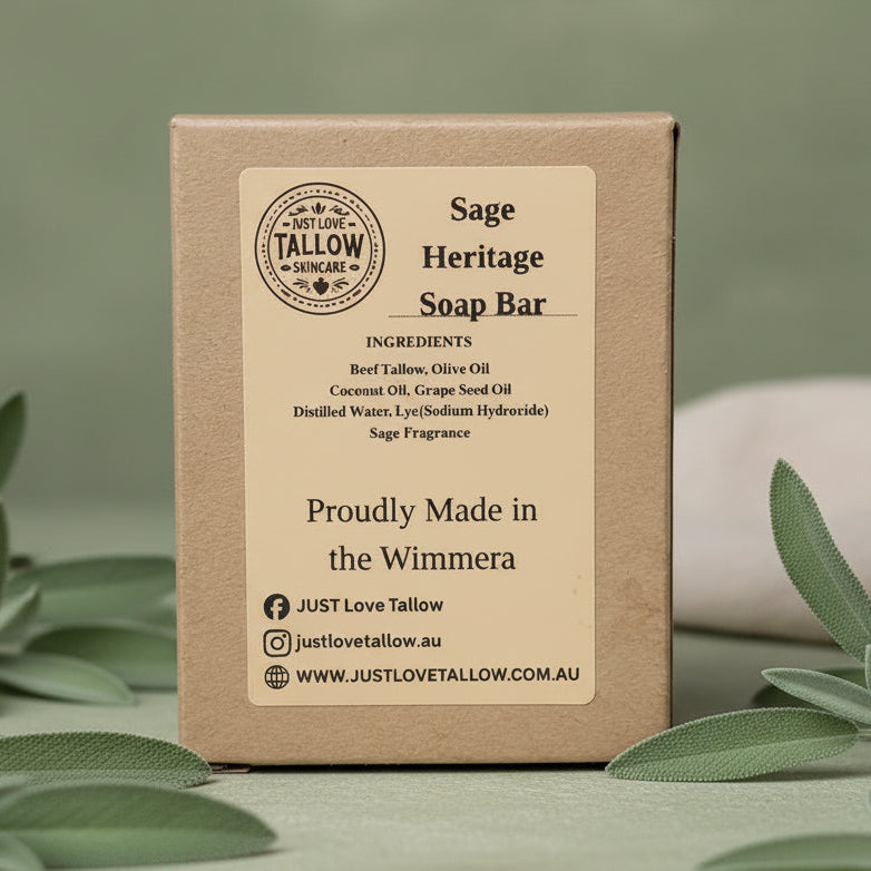 Box of Sage Heritage Soap Bar with branding and product details on a light gray background