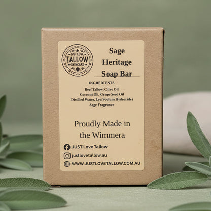 Box of Sage Heritage Soap Bar with branding and product details on a light gray background