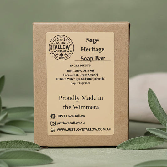 Box of Sage Heritage Soap Bar with branding and product details on a light gray background