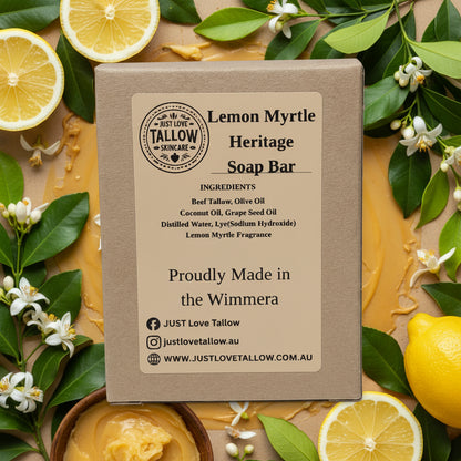 Lemon Myrtle Heritage Soap Bar packaging with branding and product details on a gray background