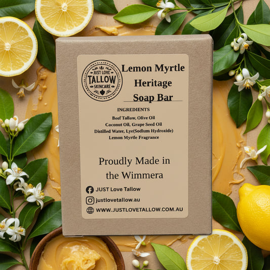 Lemon Myrtle Heritage Soap Bar packaging with branding and product details on a gray background