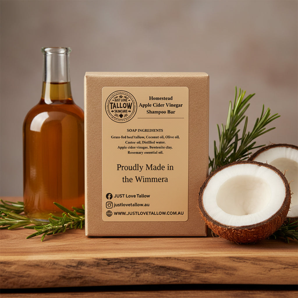 Box of Homestead Apple Cider Vinegar Shampoo Bar with branding and product details.