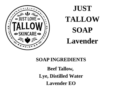 A black and white graphic card for Just Love Tallow Skincare, featuring the product name 'Charcoal' and a list of soap ingredients including beef tallow, lye, distilled water, and musk stick fragrance. It also includes the text 'Proudly Made in the Wimmera' along with social media and website contact details.