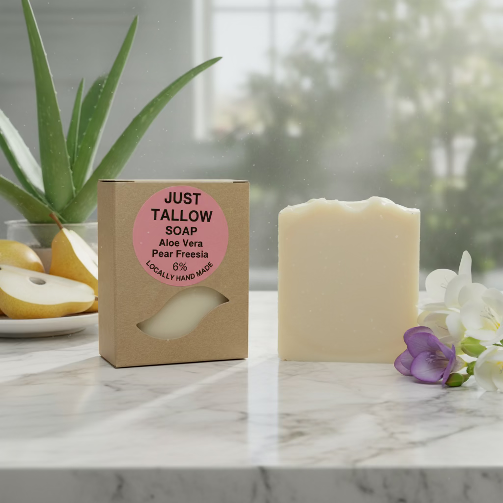 A bar of pale cream-colored soap stands next to its brown kraft paper box. The box features a pink circular label that reads 'JUST TALLOW SOAP Aloe Vera Pear Fresia 6% LOCALLY HAND MADE'.