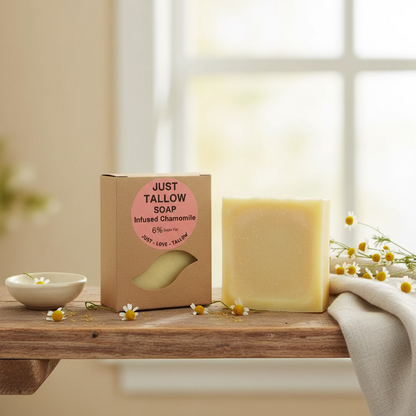 A bar of pale yellow soap stands next to its kraft paper box, which features a pink circular label reading 'JUST TALLOW SOAP Infused Chamomile'.