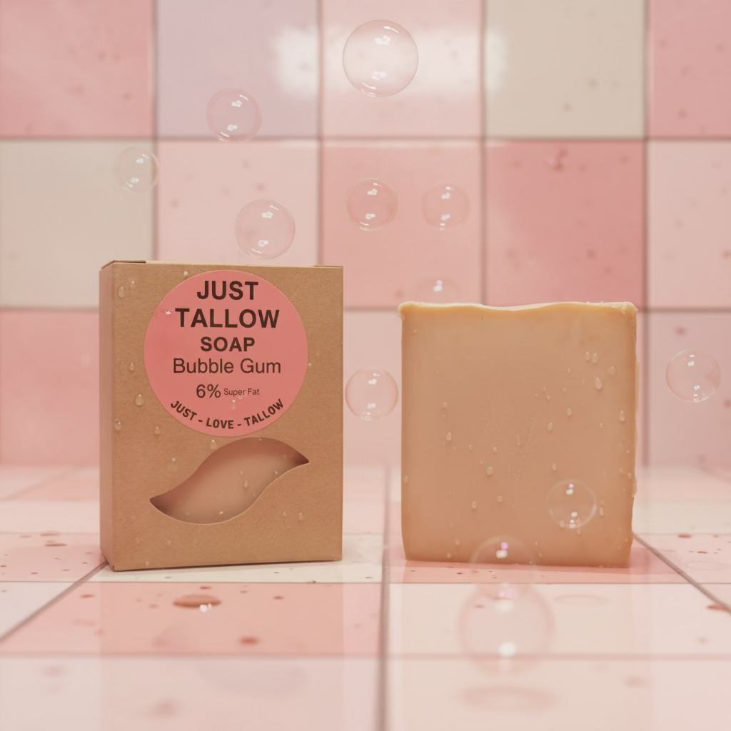 A bar of soap stands next to its kraft paper packaging box. The box features a pink circular label that reads 'JUST TALLOW SOAP Bubble Gum 6% Sugar Free'.