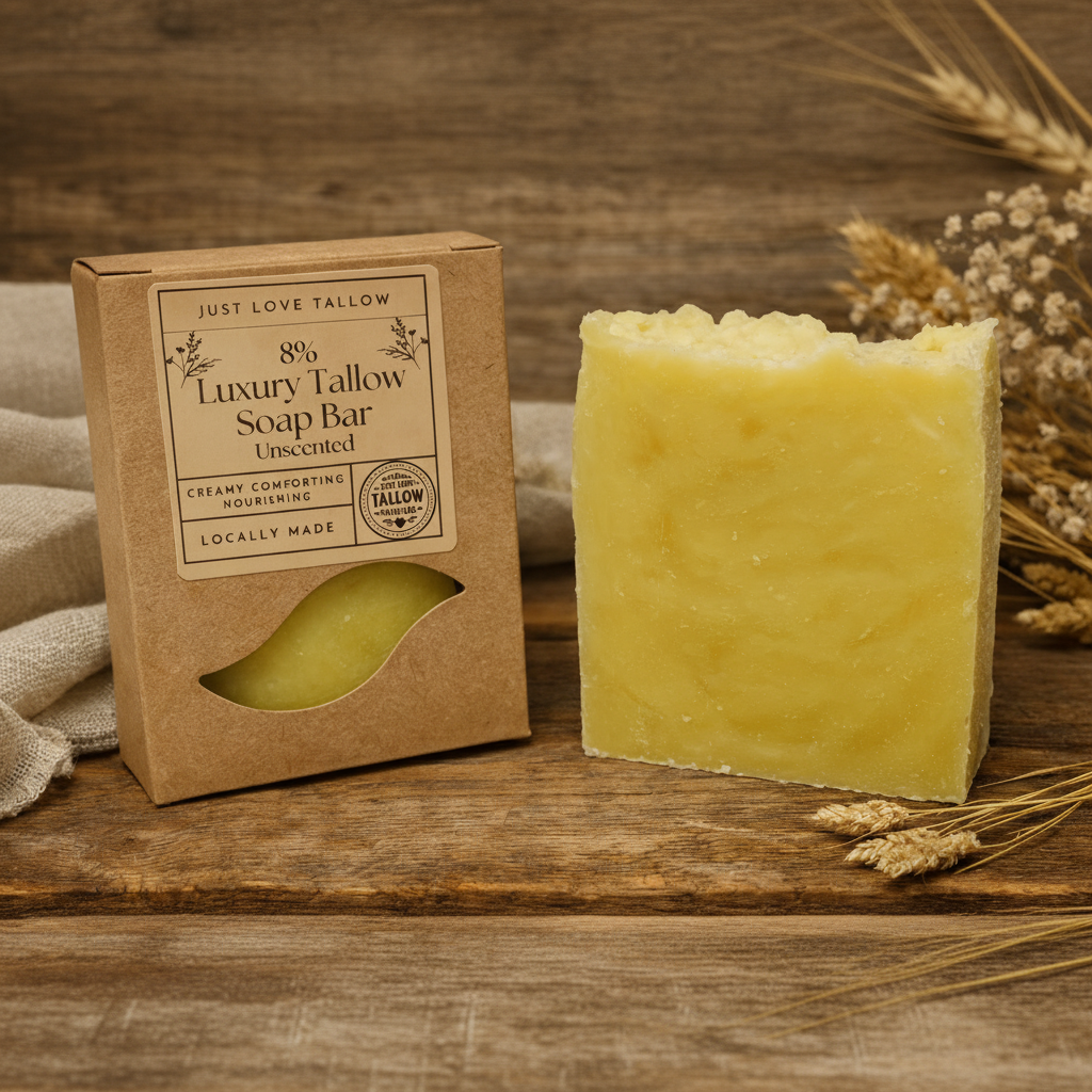 Luxury tallow soap bar and packaging on a wooden surface with natural elements.