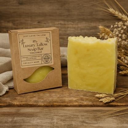 Luxury tallow soap bar and packaging on a wooden surface with natural elements.