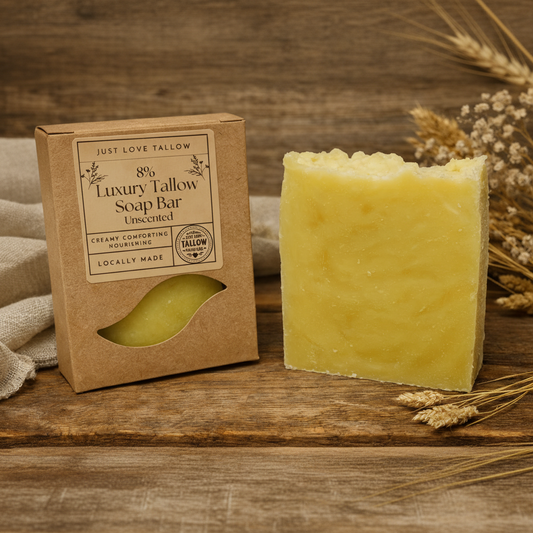 Luxury tallow soap bar and packaging on a wooden surface with natural elements.